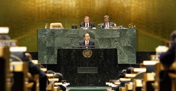 United Nations Secretary-General Ban Ki-moon speaks at the 2010 High-level Review Conference of the Parties to the Treaty on the Non-Proliferation of Nuclear Weapons (NPT).  Mr. Ban urged nations to make nuclear disarmament targets a reality.