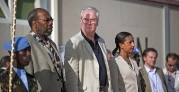 7 October 2010. El Fasher: Security Council delegation visits UNAMID Camp in El Fasher. In the picture, from left to right, Uganda Ambassador Ruhakana Rugunda, UK Ambassador Mark Lyall Grant and US Ambassador Susan Rice. Photo by Albert Gonzalez Farran / Unamid