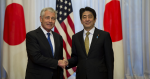 Former Secretary of Defense Chuck Hagel greets Japanese Prime Minister Shinzo Abe in 2014. Image credit: Flickr (Ash Carter) Creative Commons.