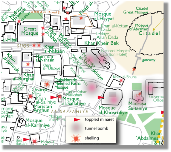 A map of destruction and fighting in Old Aleppo. Photo Credit: Ross Burns.