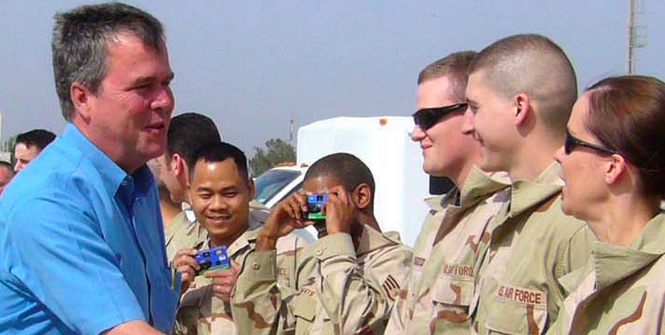 Jeb Bush visits troops in Iraq in 2006 while governor of Florida. Photo Credit: Flickr (United States Forces Iraq) Creative Commons.