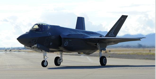 The first Australian F-35A Lightning II arriving at Luke Airforce Base. Photo source: Airman Pedro Mota (Wikimedia). Licensed under Public Domain. 