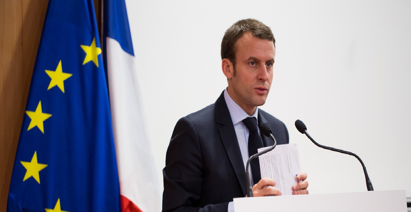 President of France Emmanuel Macron giving a speech to students