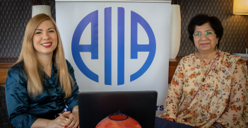 Professor Samina Yasmeen discusses Islamophobia with Flavia Bellieni Zimmerman. Photo: Nancye Miles-Tweedie