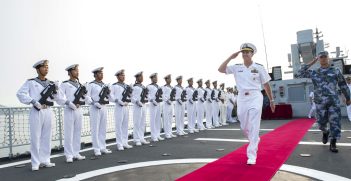 DALIAN, China (July 17, 2014) Chief of Naval Operations (CNO) Adm. Jonathan Greenert departs the People's Liberation Army Navy (PLAN) ship. U.S. Navy photo by Chief Mass Communication Specialist Peter D. Lawlor/Released)