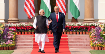 President Donald J. Trump and Indian Prime Minister Narendra Modi walk together from Hyderabad House to deliver a joint press statement Tuesday, Feb. 25, 2020, on the lawn of Hyderabad House in New Delhi. Source: Shealah Craighead https://bit.ly/2PLkQ7d