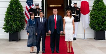 President Donald J. Trump and First Lady Melania Trump pose for a photo with the Prime Minister of Japan Shinzo Abe and his wife Mrs. Akie Abe Friday, April 26, 2019, at the South Portico of the White House. Source: White House/Andrea Hanks https://bit.ly/2Kn3ieb