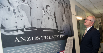 Australian Prime Minister Scott Morrison visits the ANZUS Corridor that commemorates the 1951 Australia, New Zealand, United States Security Treaty, at the Pentagon, Washington, D.C., Sept. 20, 2019. Source: DoD/Lisa Ferdinando https://bit.ly/3dnZkOX