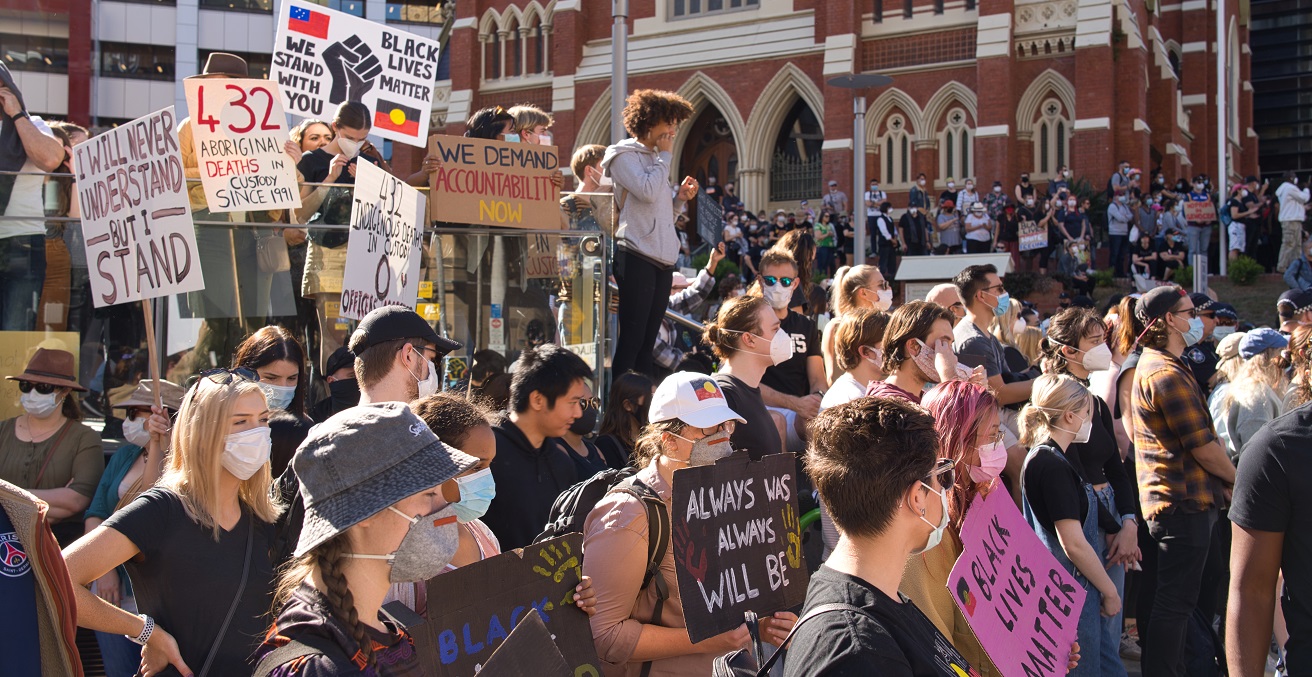 Anti-Racism Protest in Brisbane, Queensland, Australia. 6 June 2020. This protest was in support of Black Lives Matter and associated protests in the United States following the killing of George Floyd - but also highlighted parallel issues within Australia such as the deaths of Australia's aboriginal people while in police custody. Source: Andrew Mercer https://bit.ly/2Y2lAcl