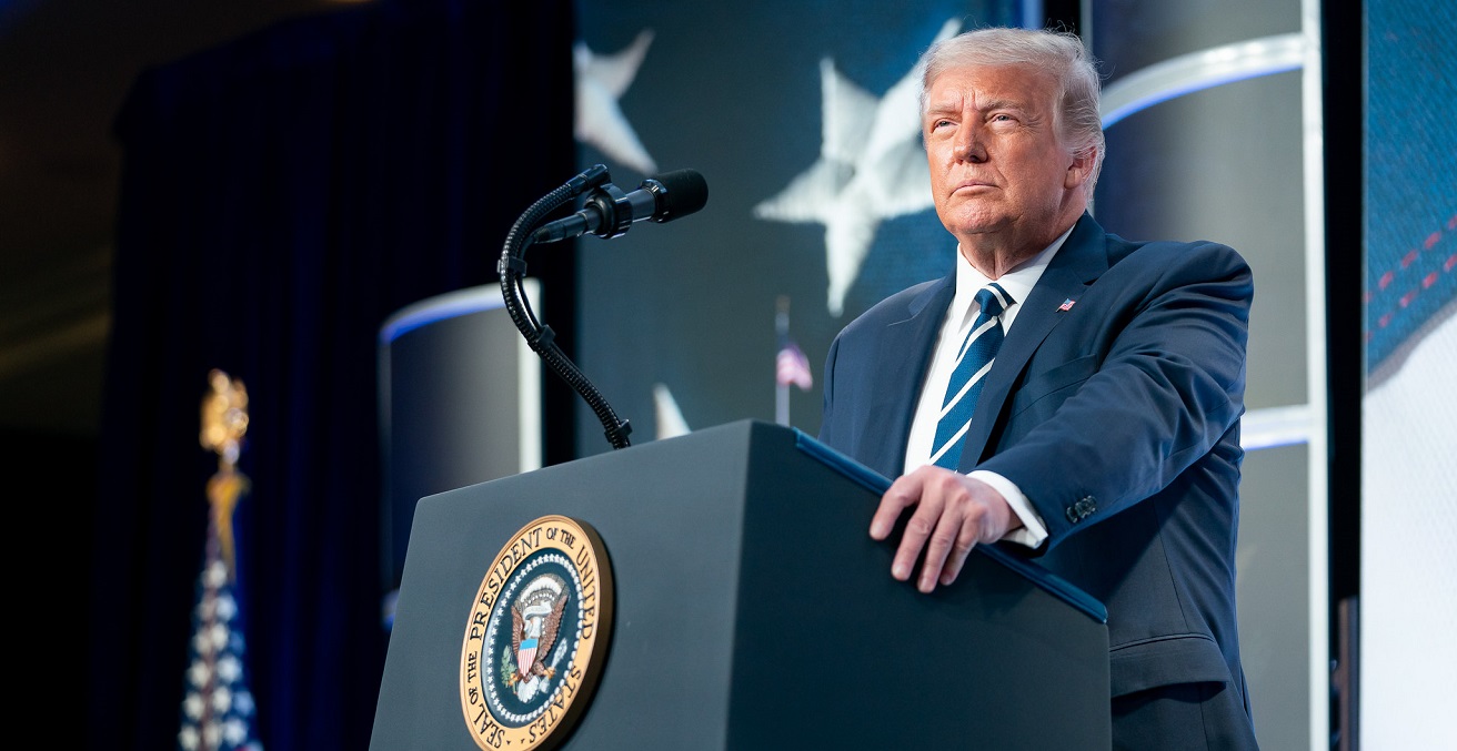 President Donald J. Trump delivers remarks at the 2020 Council for National Policy Meeting Friday, Aug. 21, 2020, at the Ritz-Carlton in Pentagon City, Va. Source: Official White House Photo/Tia Dufour https://bit.ly/2R3E7AL