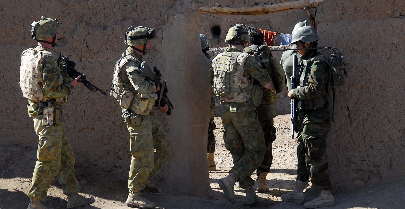 Australian and Afghan National Army soldiers work together to search the Mirabad Valley Region for weapons and Improvised Explosive Device components. Source: ResoluteSupportMedia https://bit.ly/2VkC3qb